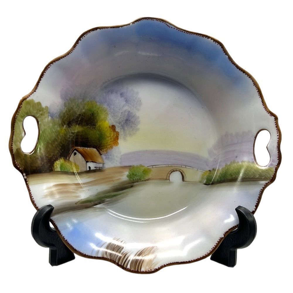 Nippon Hand Painted Porcelain Bowl Scenic Cottage Bridge Handles 6.25”